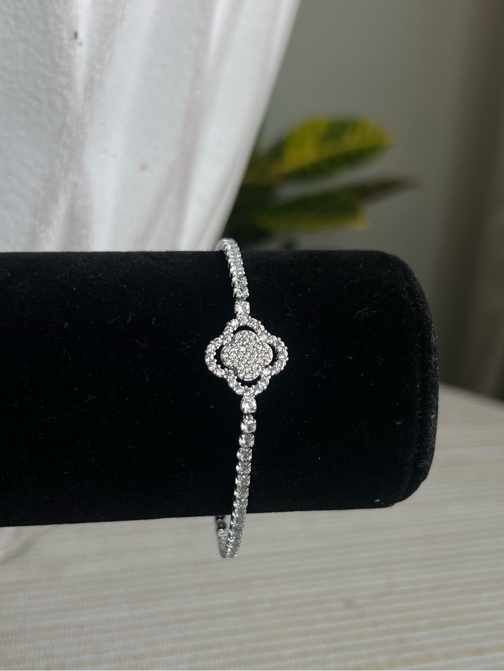 Silver Crystal clover with cut out details  Pavé tennis Bracelet
